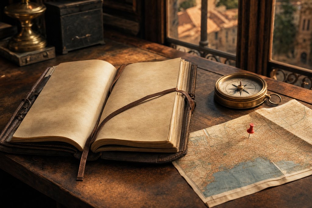 A folded map with a location pin, a compass, and a travel journal on a warm wooden desk