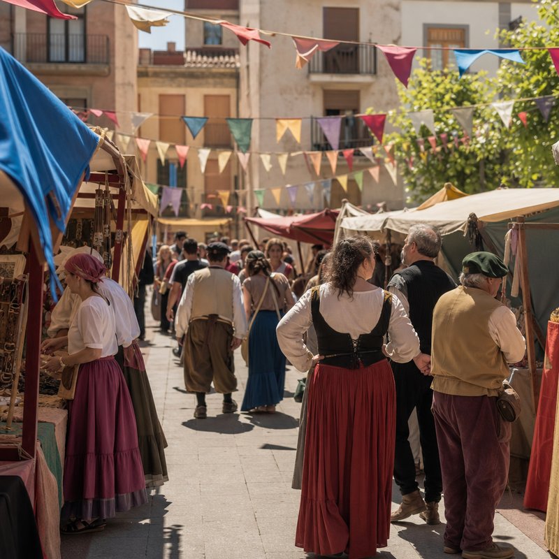 A historical-fair atmosphere with market stalls