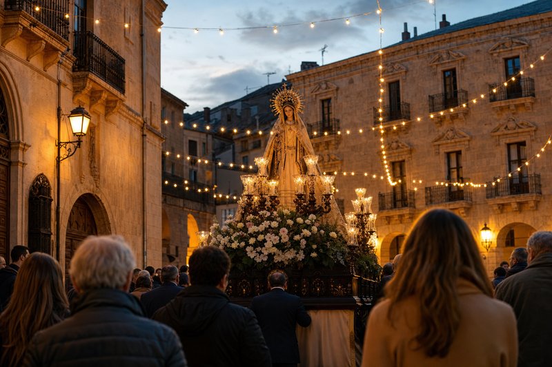 A candlelit Virgen del Rosario procession float in a string-lit Spanish town square at dusk