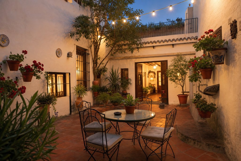 A cozy traditional Spanish hostal courtyard at dusk