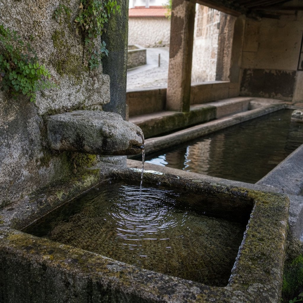 The stone Fuente de la Villa fountain in Valdemoro, crowned with the town's coat of arms