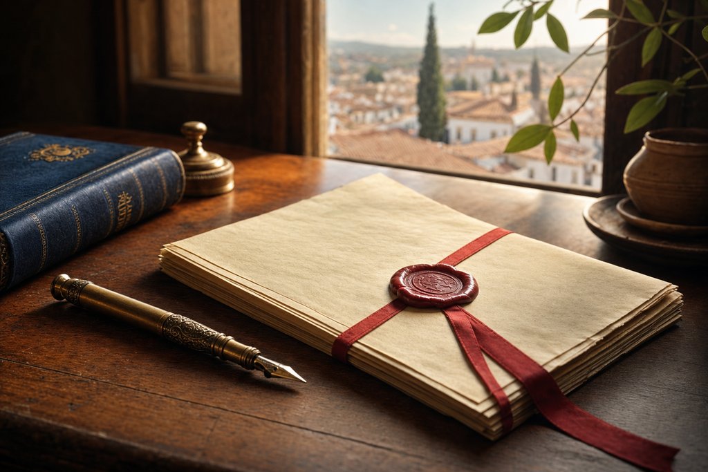A sealed document with a wax stamp and an antique pen on a sunlit desk