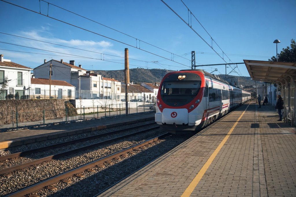 A modern Cercanías commuter train arriving at a small station platform