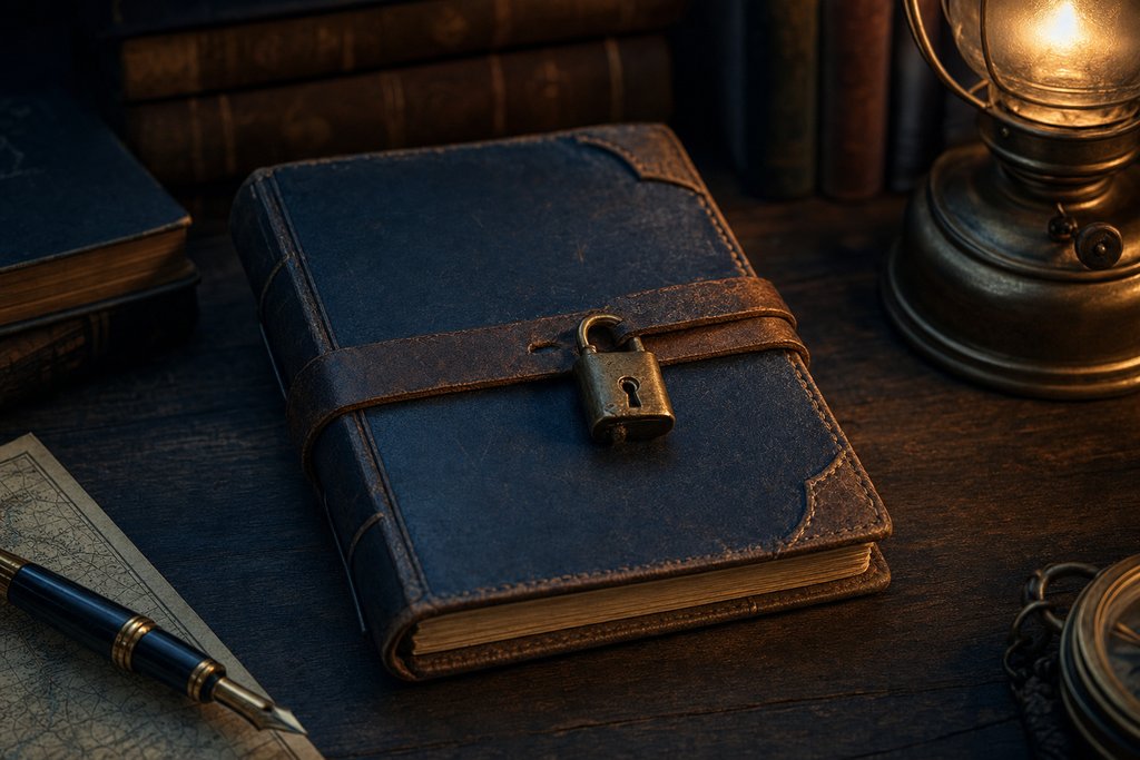 A closed antique leather journal with a small brass lock, lit by warm lamplight