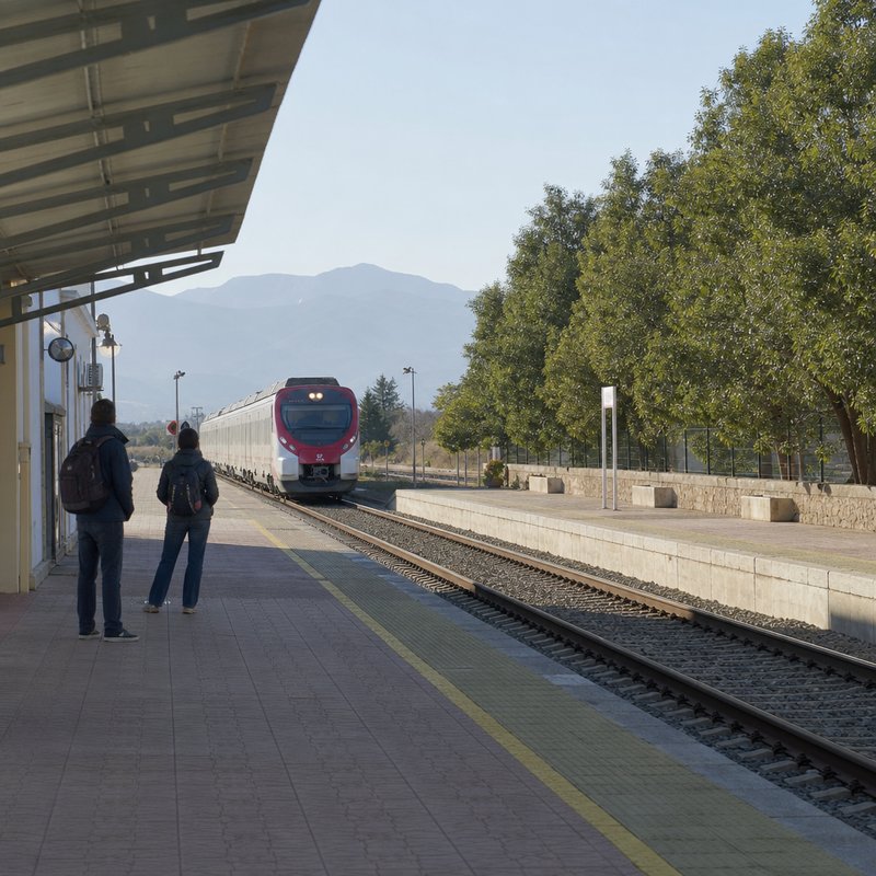A regional train arriving at a small station platform