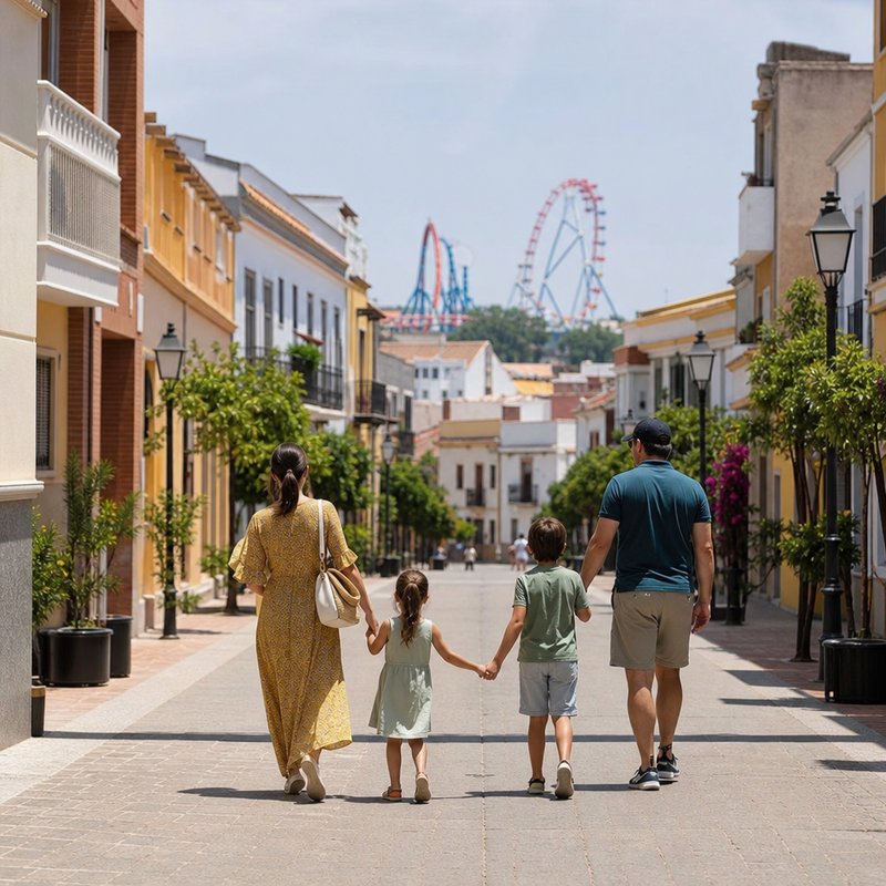 A family walking a sunny Valdemoro street with a distant theme-park skyline