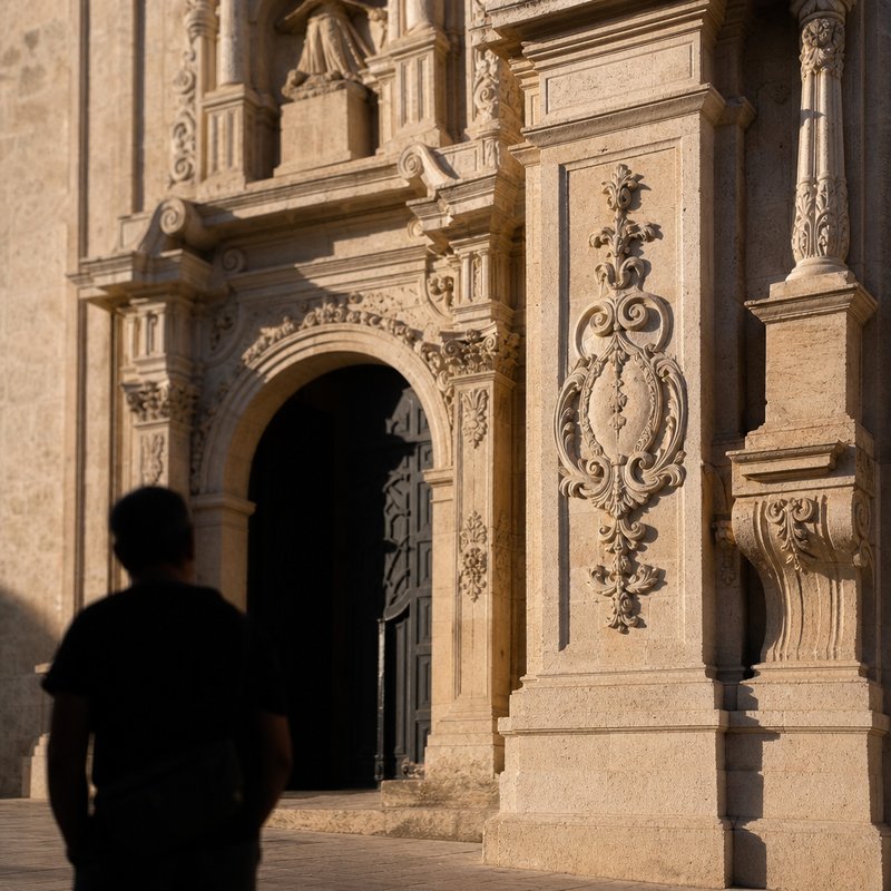 Close detail of an ornate Baroque stone church doorway